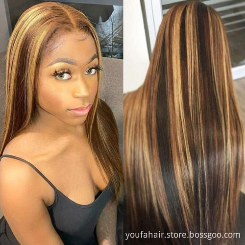 4*4 Lace Pre Plucked Straight Brown and Blonde Highlight Human Remy Hair Wig Blonde Highlighted Wigs Pinao Wig HD Lace Frontal